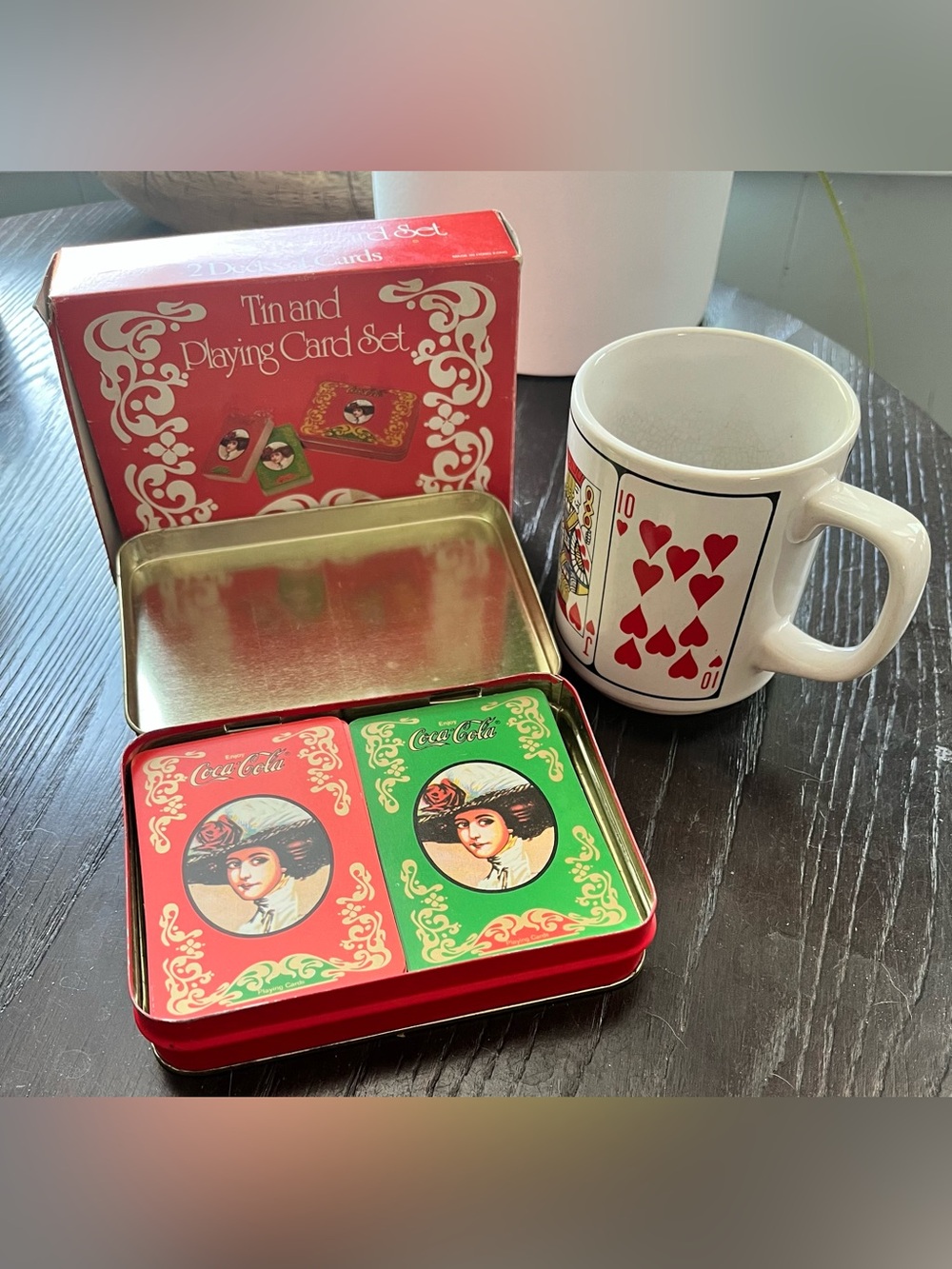 Vintage Coca-Cola Playing Cards Double Deck Tin & Box And Heart Playing Card Mug